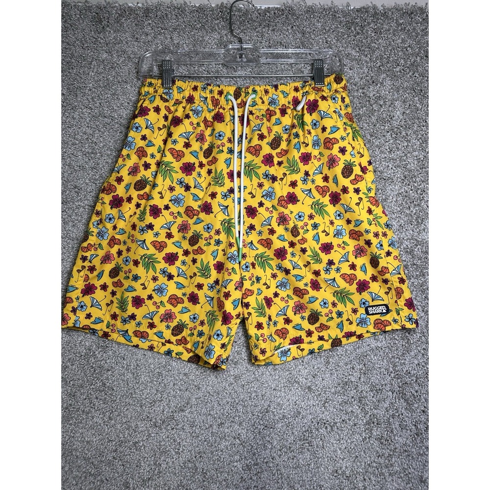 Rugged Shark Swim Trunks Men's Medium Yellow Tropical Floral Shorts